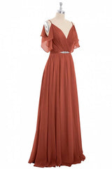 Prom Dress Long Sleeve Ball Gown, Rust Orange Chiffon Cold-Shoulder Long Bridesmaid Dress