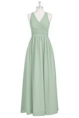 Prom Dress Mermaid, Sage Green V-Neck Backless A-Line Bridesmaid Dress