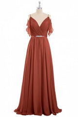 Prom Dresses For 25 Year Olds, Rust Orange Chiffon Cold-Shoulder Long Bridesmaid Dress