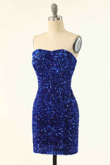 Princess Dress, Royal Blue Sequin Strapless Mini Homecoming Dress