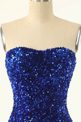 2038 Prom Dress, Royal Blue Sequin Strapless Mini Homecoming Dress