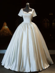 Wedding Dresses Sleeves, White Sweetheart Satin Long Bridal Dress, White Wedding Dress