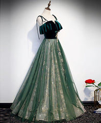 Bridesmaids Dresses Mismatched, Green Tulle Lace Long Prom Dress, Green Tulle Lace Formal Dress, 1