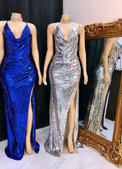 Prom Dresses Long Sleeve, 2024 Silver Halter Sequence Side Slit Backless Long Prom Dresses