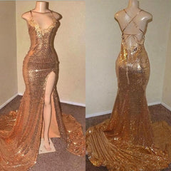 Prom Dresses Pattern, 2024 Gold Halter Lace Up Back Sequence Side Slit Long Prom Dresses