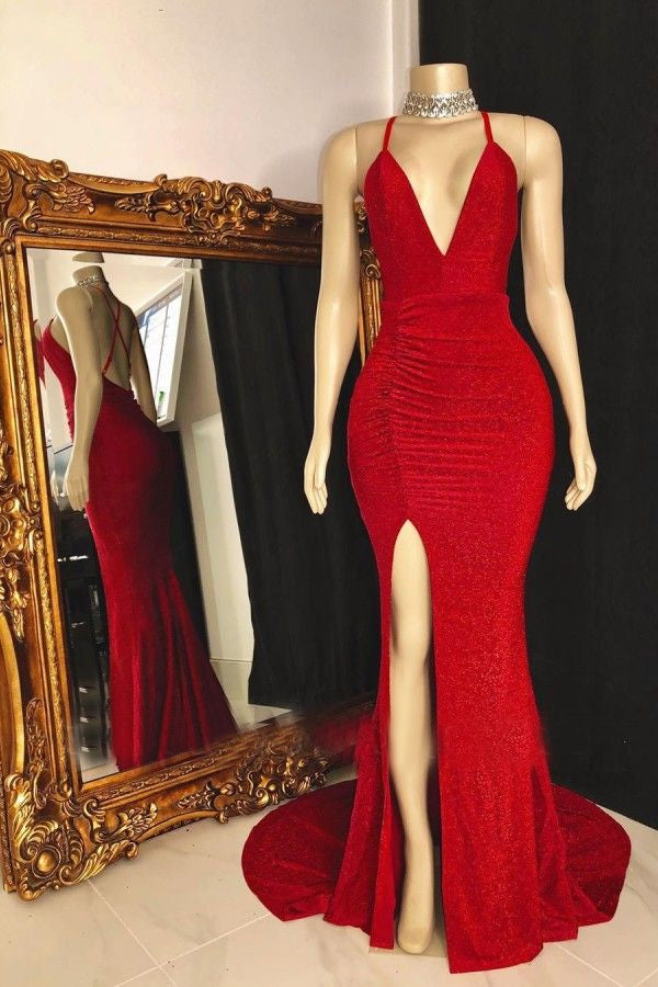 Bridesmaid Dresses Trends, Red Side Slit Sequence V Neck Backless Long Prom Dress 2024
