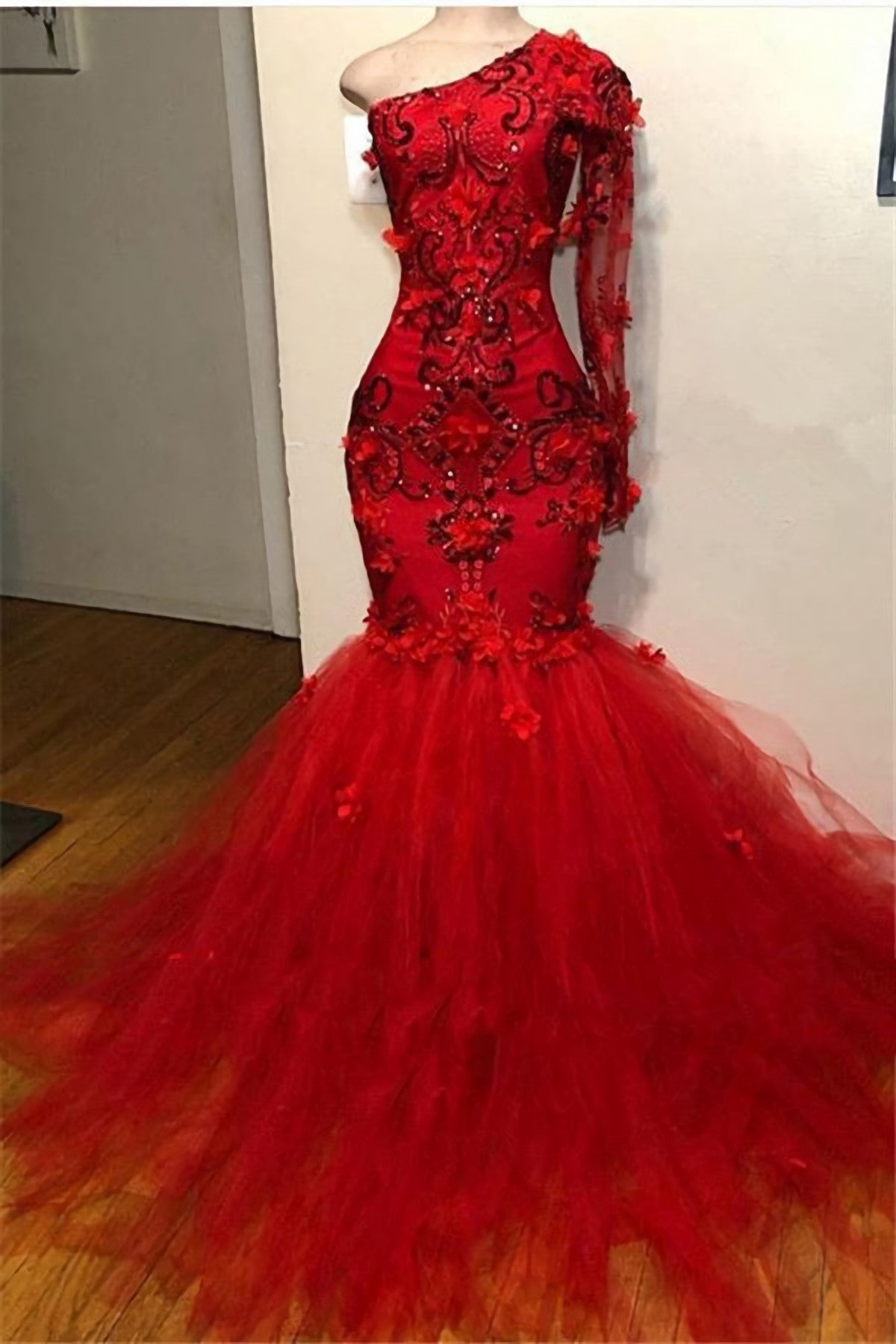 Prom Dresses Fitting, Mermaid 2024 Red Long Sleeves Tulle Beaded Long Prom Dresses