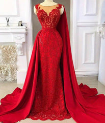 Bridesmaid Dress Gown, 2024 Red Tulle With Appliques Long Satin Sheath Prom Dress
