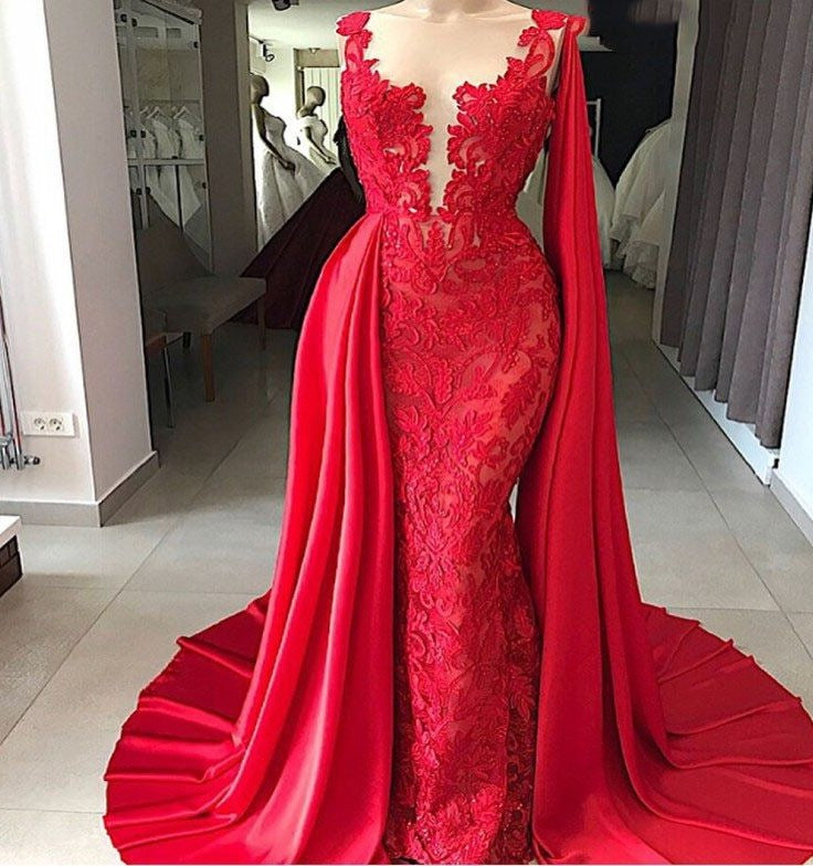 Bridesmaid Dressing Gowns, 2024 Red Tulle With Appliques Long Satin Sheath Prom Dress