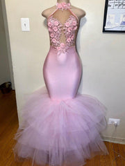 Prom Dress Sleeve, 2024 Mermaid Tulle Halter Pink Floral Backless Long Prom Dresses