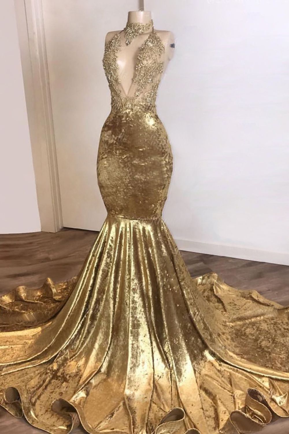 Prom Dress With Tulle, 2024 Mermaid Gold Velvet High Neck V Neck Prom Dresses