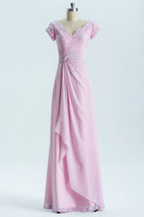 Prom Dresses Princess Style, Short Sleeves Pink Appliques Knot Long Bridesmaid Dress
