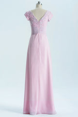 Prom Dress Princess Style, Short Sleeves Pink Appliques Knot Long Bridesmaid Dress