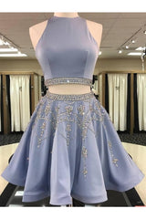 Backless Prom Dress, A Line 2 Pieces Beaded Satin Short Homecoming Dresses, Scoop