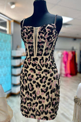 Casual Gown, Leopard Print Sheath Straps Homecoming Dress