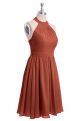 Bridesmaid Dress, Rust Orange Chiffon Halter Backless A-Line Short Bridesmaid Dress