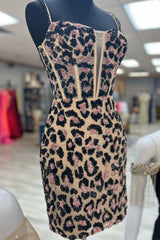 Shirt Dress, Leopard Print Sheath Straps Homecoming Dress