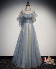 Bridesmaid Dresses Green, Light Blue Tulle Lace Long Prom Dress, Tulle Evening Dress