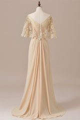 Party Dress, Ruffles Chiffon Long Mother of the Bride Dress with Lace Cape