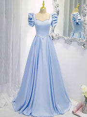 Formal Dress Modest, Blue Satin Backless Long Prom Dress, Blue Evening Dress