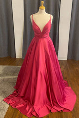 Formal Dresses For 28 Year Olds, A-Line Red Satin Plunge Neck Long Formal Dress