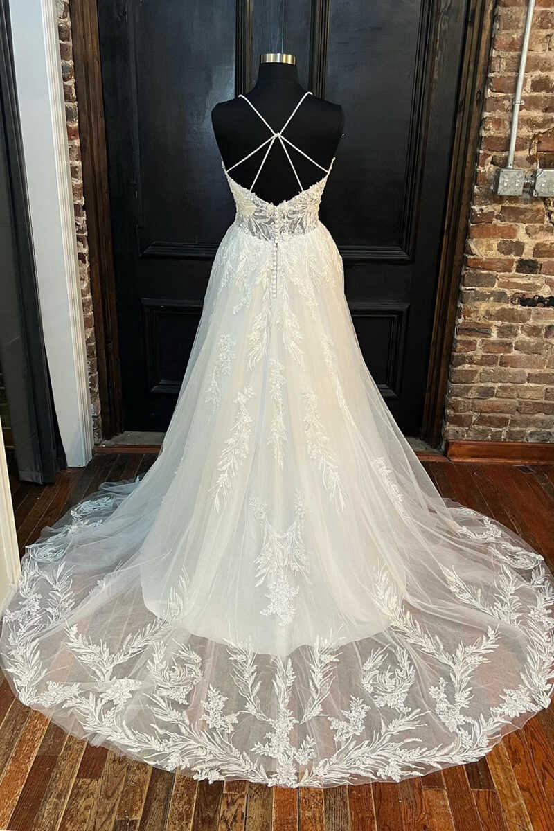 Wedding Dress On A Budget, White Lace V-Neck Backless A-Line Long Wedding Dress