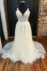 Wedding Dress Princess, White Lace V-Neck Backless A-Line Long Wedding Dress