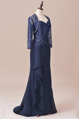 Formal Dresses Shops, Navy Blue Two-Piece Sweetheart Ruffled Long Mother of the Bride Dress
