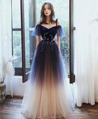 Formal Dress For Wedding Guests, Blue Sweetheart Tulle Off Shoulder Long Prom Dress, Blue Evening Dress