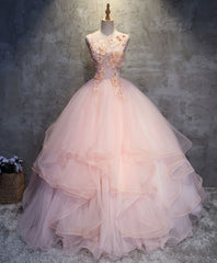 Bridesmaid Dress 2037, Pink Round Neck Tulle Lace Long Prom Dress, Lace Formal Dress