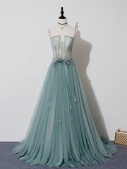 Bridesmaid Dress Stylee, Green A Line Tulle Lace Long Prom Dress, Green Tulle Formal Dress