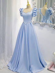 Emerald Green Prom Dress, Blue Satin Backless Long Prom Dress, Blue Evening Dress