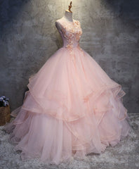Bridesmaid Dresses Different Styles, Pink Round Neck Tulle Lace Long Prom Dress, Lace Formal Dress