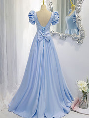 Floral Prom Dress, Blue Satin Backless Long Prom Dress, Blue Evening Dress
