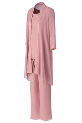 Homecoming Dressed Short, Three-Piece Pink Chiffon Half Sleeve Mother of the Bride Pant Suits
