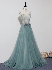 Bridesmaid Dress Style, Green A Line Tulle Lace Long Prom Dress, Green Tulle Formal Dress