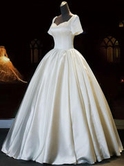 Wedding Dress Fall, White Sweetheart Satin Long Bridal Dress, White Wedding Dress