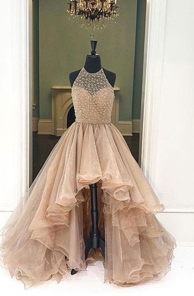 Bridesmaid Dresses Color Palettes, 2024 Halter Beaded High Low Organza Champagne Prom Dresses