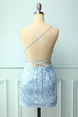 Evening Dress Open Back, Light Blue Tight Hoco Dress with Appliques