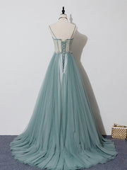 Bridesmaid Dresses Styles, Green A Line Tulle Lace Long Prom Dress, Green Tulle Formal Dress