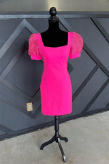 Prom Dresses For 2036, Fuchsia Puff Sleeves Square Neck Sheath Homecoming Dress