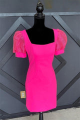 Prom Dresses Ball Gowns, Fuchsia Puff Sleeves Square Neck Sheath Homecoming Dress