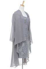 Champagne Prom Dress, Two-Piece Grey Lace Short Mother of the Bride Dress