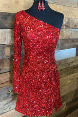 Bridesmaid Dress Designer, Glitter One Sleeve Red Sequined Homecoming Dress