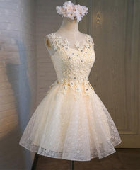 Prom Dresse 2033, Champagne Lace Round Neck Short Prom Dress, Bridesmaid Dress