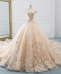 Wedding Dress Boutiques, Unique Champagne Tulle Lace Long Wedding Dress, Bridal Gown