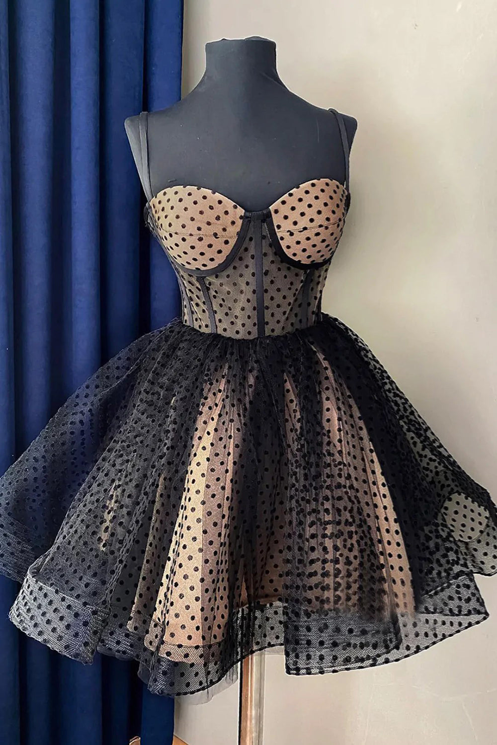 Formal Dresses On Sale, Black Dots Lace-Up Straps Homecoming Dress