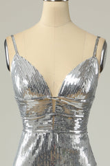 Functional Dress, Mermaid Spaghetti Straps Silver Sequins Long Prom Dress Backless