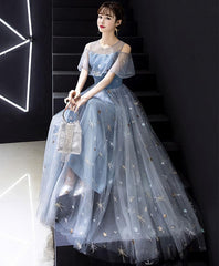 Fairy Dress, Blue Round Neck Tulle Long Prom Dress, Blue Tulle Evening Dress, 1