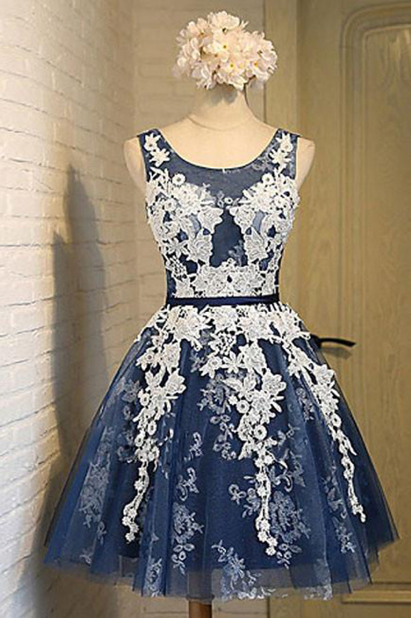 Party Dresses For Ladies, Light Blue Tulle Lace Applique Short Homecoming Dresses with Straps